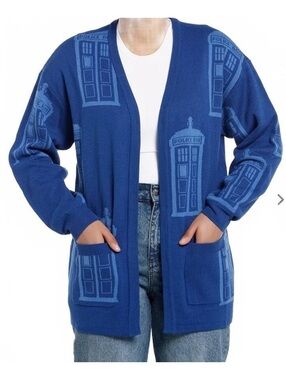 Her Universe Doctor Who 60 Years TARDIS Blue Acrylic Cardigan Sweater 3XL